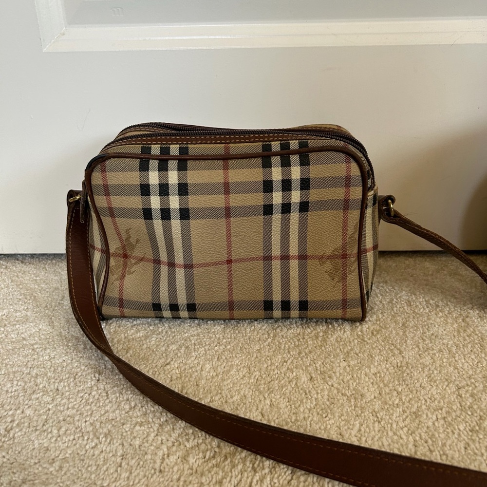 Burberry Beige Plaid Crossbody Bag with Brown Leather Strap